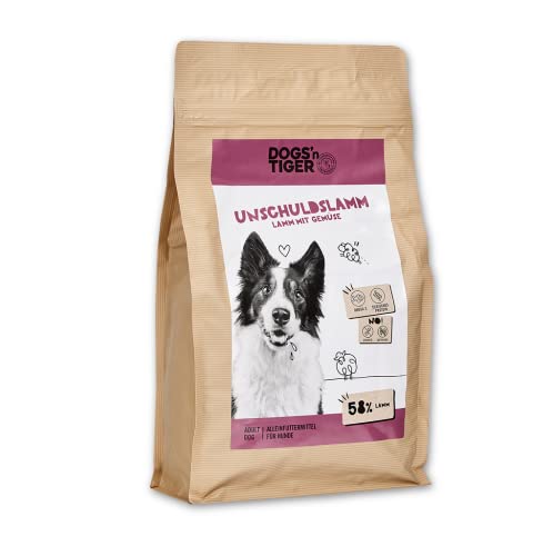 Dogs\'n Tiger – “Unschuldslamm” Adult Hunde Trockenfutter aus Monoprotein mit 58{4412c6ca6d9c2a6e9edff1f190958c137b679d9414cdb2c37809c717666014b4} Fleischanteil, geeignet für Allergiker – ohne Zucker & Getreide (Lamm mit Gemüse| 1 x 2 kg)