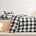 Wake In Cloud - Gingham Cotton Duvet Cover Set, Plaid Buffalo Check Checkered Farmhouse, 100% Washed Cotton Textured Percale Bedding Set, 3 Pieces, Black Beige, Queen Size
