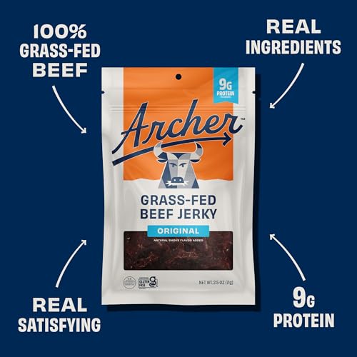 Archer Jerky Grass Fed Beef Jerky - Beef Snack Packs Bulk, Individual Bags, Protein Snack, Gluten Free - Original Flavor, 2.5 oz (Pack of 4)