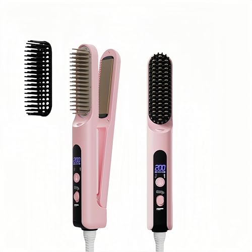 Hair Straightener Brush, 2-in-1 Splint Straight Comb, 2 Million Ion Ceramic Dual-Voltage Straightening Heat Brush, Anti-Frizz Straightening/Curling Styling, Reduces Heat Damage by Up to 3 Times, Pink