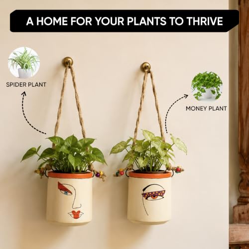 Image of AAKRITI ART CREATIONS Terracotta Handpainted Planters Set of 2 | Liza Design, Modern Art, White Matte Finish | Decorative Planters for Indoor & Outdoor Home Decor