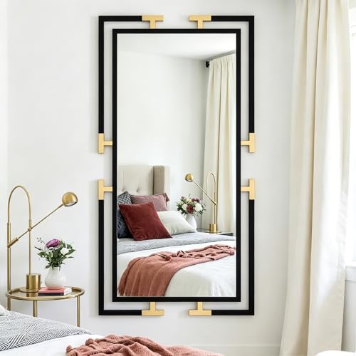 Image of Large Mirror Wall Decor, 46.5 inchx23 inch Mirror with Black and Gold Metal Frame for Bedroom, Living Room, Bathroom, Horizontal /Vertical