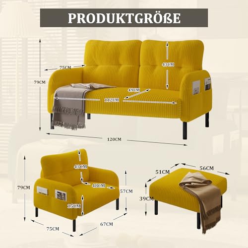 Cord 3er-Set Sessel + Hocker + 2-Sitzer Sofa mit Seitentasche Stahlrohrgestell & extraweiche Rückenlehne Tiefe Sitzfläche Modular kombinierbar für Wohnzimmer, Senfgelb – Bild 3
