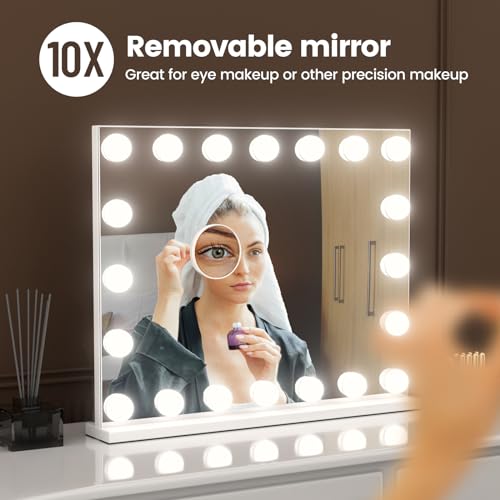 Large Hollywood Vanity Mirror with Lights and Magnification for Makeup, 20 Dimmable LED Bulbs, White