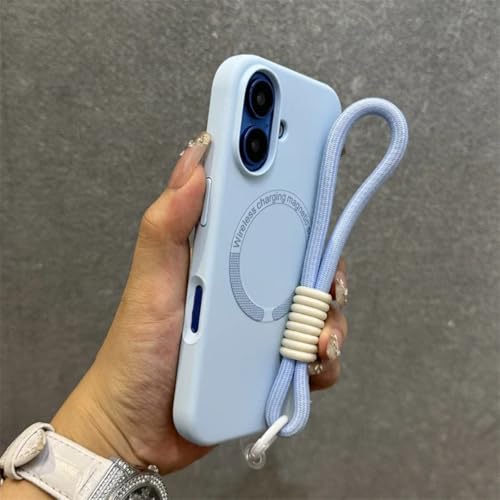 Étui en silicone liquide pour iPhone 16 Pro bleu ciel avec dragonne et bracelet sans fil