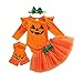Completo 4 Pezzi Halloween Bambina Neonata Pagliaccetto Manica Volant Lunga Stampa Zucca Fantasma+Gonna Corta Svasata Pizzo+Calze Lunghe Bimba+Fascia 0-24 Mesi (Arancia, 6-12 Mesi)