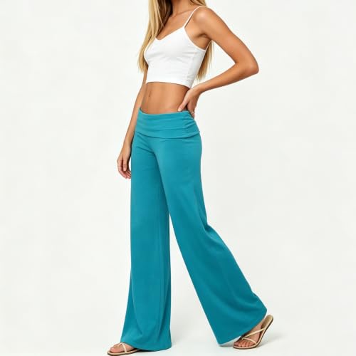 Image of Lounge Yoga Pants for Women Fold Over Low Waist Wide Leg Bell Bottoms