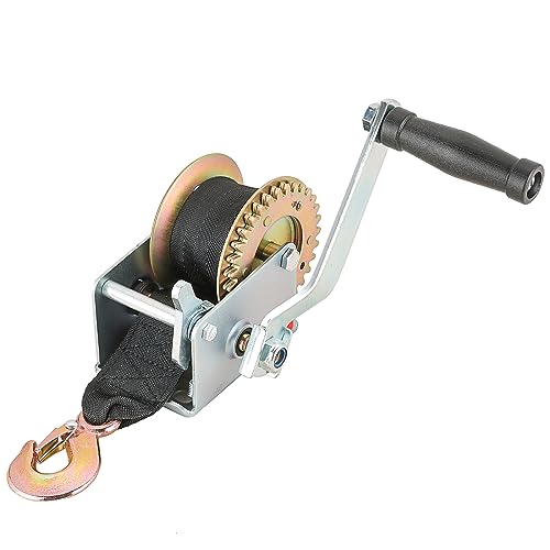 DASBET Boat Trailer Winch Hand Winch Crank Cable with 16FT(5m) Black Webbing Heavy Duty Strap Gear Hand Winch with Crank Handle Gear Winch Manual Winch for Trailer Boat or ATV (800LBS)