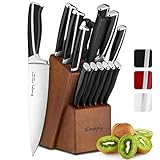 【EMOJOY PROFI MESSERSET】1x Holzblock, 1x Kochmesser, 1x Fleischmesser, 1x Brotmesser, 1x Santoku Messer, 1x Allzweckmesser, 1x Gemüsemesser, 6x Steakmesser, 1x Wetzstahl, 1x Küchenschere