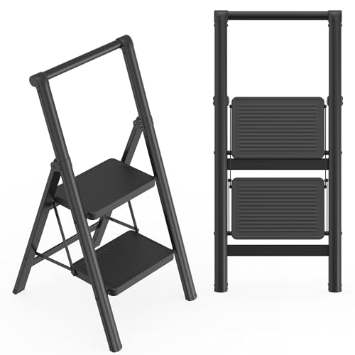 NAIZY Escalera plegable de 2 peldaños, pequeña escalera con estribo ancho y pasamanos, color negro, de metal, capacidad de carga de hasta 270 kg