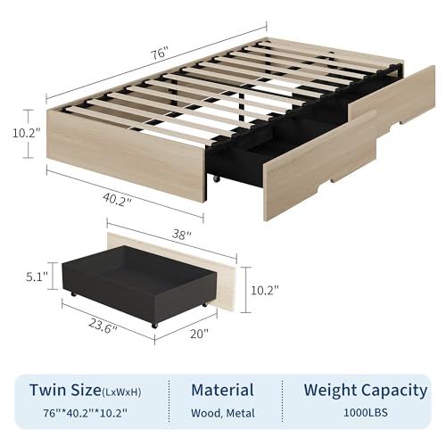 Image of GarveeHome Twin Size Wood Platform Bed Frame with 2 Storage Drawers, Wooden Bed Frame Without Headboard, Wood Slat Support, No Box Spring Needed, Easy Assembly