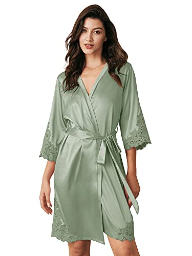 Aw Bridal Women's Short Satin Kimono Robe For Wedding Bridal Party Bridesmaid Robes Silk Bathrobe With Lace Trim, Sage Green S #TOP22
