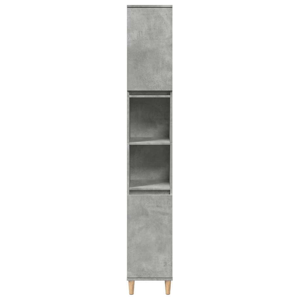 Armadietto da bagno grigio cemento, 30 x 30 x 190 cm, in legno con 6 scomparti e 2 ante, gambe in legno massiccio di eucalipto, spazio per bagno, WC degli ospiti, mobiletto sottolavabo