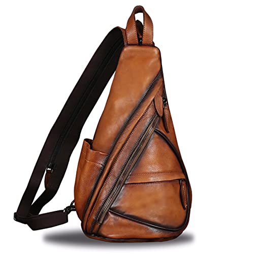 Ivtg Genuine Leather Sling Bag Casual Shoulder Hiking Backpack Vintage Handmade Crossbody Bag Retro Chest Daypack Convertible Backpack (Brown) #TOP11