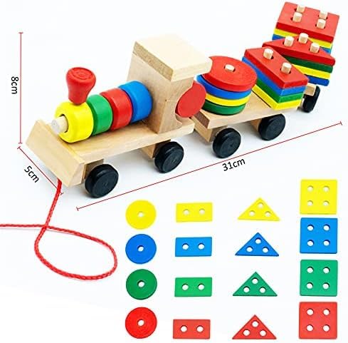 Image of SHINETOY Wooden Railway Train Toddler Toy, Rail Wooden Blocks for 1-3 Year Old Boys Girls, Montessori Sorting Stacking, Preschool Educational Toy for Kids