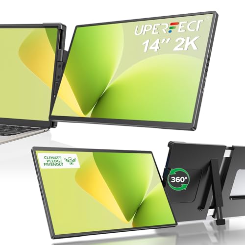 UPERFECT Laptop Screen Extender, 2K 14' 360°Unique Swivel Hinge w/ 180° Automatic Rotation, 2240x1400 QHD IPS Portable Monitor for 14'-17'' Laptops, Plug & Play with Mac, Wins, Dex (Only one Screen)