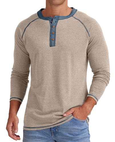 Image of Sailwind Mens Henley Long Sleeve T-Shirt Cotton Casual Shirt (VG-Light Khaki, XL)