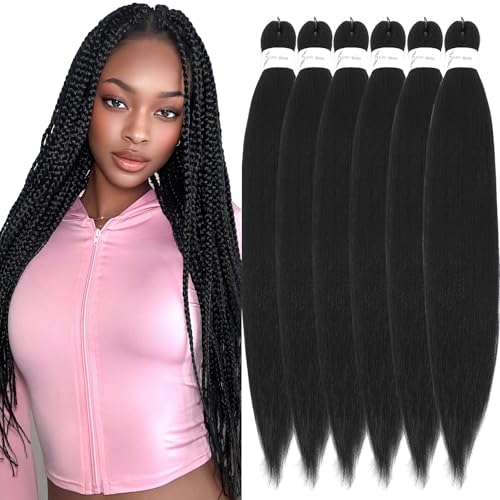 Braiding Hair Pre Stretched, 22 Inch 6 Pack Black Prestretched Braiding Hair For Braid Women Hair, Professional Synthetic Hair Extension For Crochet Braid,Soft Yaki Texture(22in,6pcs,1B#)