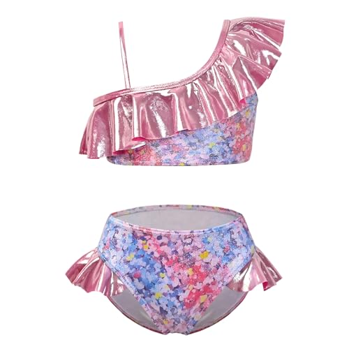 Image of CHILDRENSTAR Girls Metallic Bathing Suits Shiny Ruffles One Shoulder 2 Pieces Swimsuits Cute Bikini Set