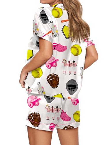 Image of SHESHOW Pajamas for Women Set Satin Button Down Short Sleeve Top and Shorts Pjs Sets Sport Ball Print Sleepwear XS-XXL