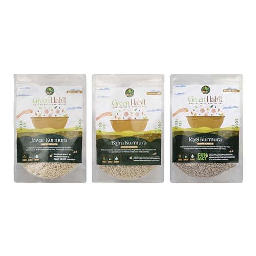 Image of Greenhabit Jowar, Ragi & Bajra 1.2 kg trio Kurmura pack (Bajri Puff 400 gm,Jowar Puffs 400 g, nachini puff 400g Kurumura a.k.a Sorghum, Finger millet & Pearl Millet Puffed