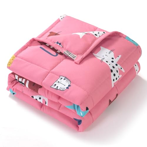 Kivik Cooling Weighted Blanket 7 Pounds, Breathable Weighted Blankets, Ultra Soft Heavy Throw for Relaxing & Sleeping, Machine Washable, 41 x 60 Inches, Cute Cat Printing, Pink