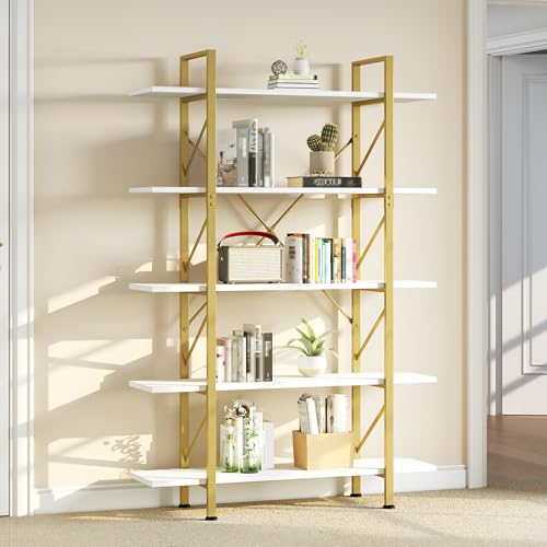 YITAHOME 5-Tier Bookshelf, 70.9" Tall Bookshelves and BookCases with 5 Shelves Display Storage Shelves for Home Office, Living Room, Gold & White
