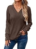 Dokotoo Shirts for Women V Neck Long Sleeve Shirt Button Detail Knit Tunic Fall Tops Blouses Soft Elastic Solid Casual Business Pullover Sweaters Womens Clothes Fall Outfits for Women Brown XL