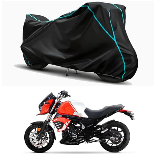 Image of Waterproof Bike Body Cover Compatible for | Mahindra Mojo 300 ABS BS6 | Taffeta Fabric, Sky Piping Design, Bottom Elastic Fit | Dustproof, Sun UV & Rain Protection for All Weather.