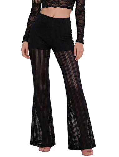 Odizli Festival Outfit Damen Rave Techno Sexy Glitzer Durchsichtiges Transparent Mesh Spitzen High Waist Schlaghose Lang Weite Hose Y2K Frauen Pole Dance Party Clubwear Schwarz L