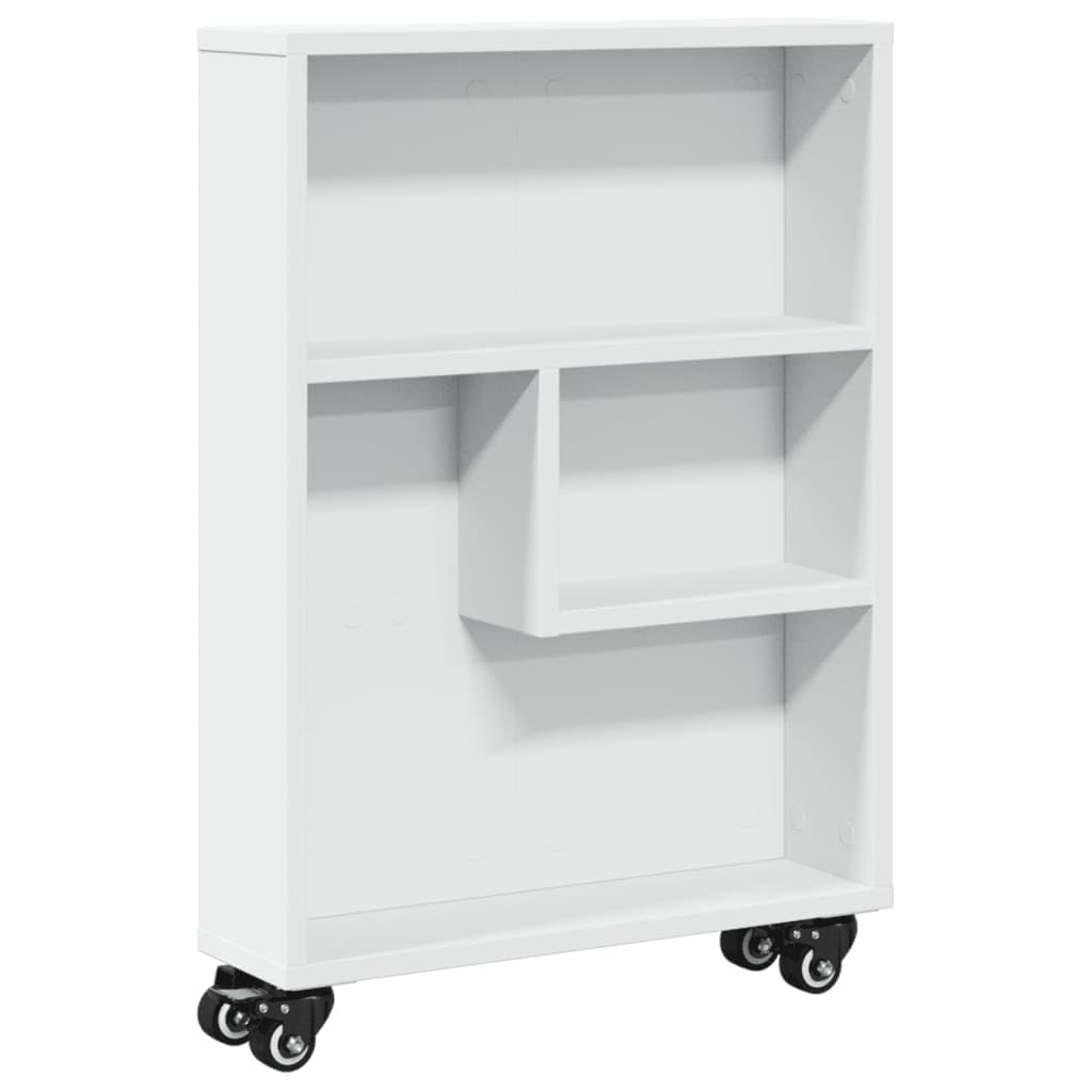Carro de almacenamiento estrecho blanco, 48 x 13 x 68 cm, de material de madera, con ruedas con frenos, carrito auxiliar versátil para cocina, baño, oficina