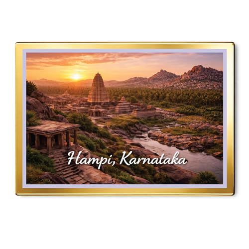 Image of Decorative Fridge Magnet with Glowing Border | Pack of 1 (Hampi, Karnataka, 3x2 inch - Golden Border)