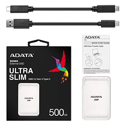 Image of ADATA SC685 500 GB - Up to 530 MB /s - 3D NAND USB 3.2 Gen 2 Type-C Compact External SSD White (ASC685-500GU32G2-CWH)
