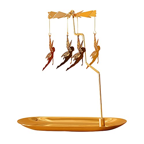 Creahaus Spinning Candle Holder with Tray Glod Carousel Candle Spinner Rotating Metal Tea Light Candle Holder for Table Centerpiece Christmas Valentines Day Party Decor Gift (Gold Elves)