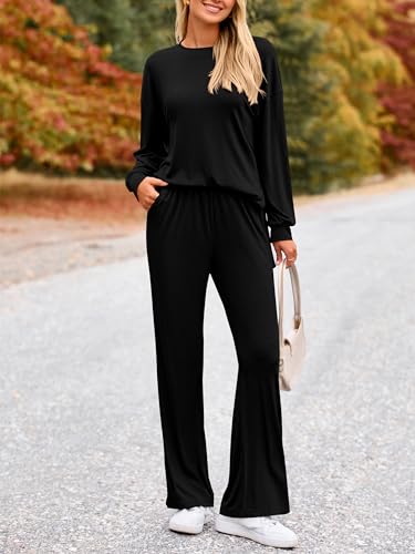 PRETTYGARDEN Womens 2 Piece Outfits Crewneck Long Sleeve Pullover Tops Wide Leg Long Pants Casual Lounge Set Travel Tracksuit3
