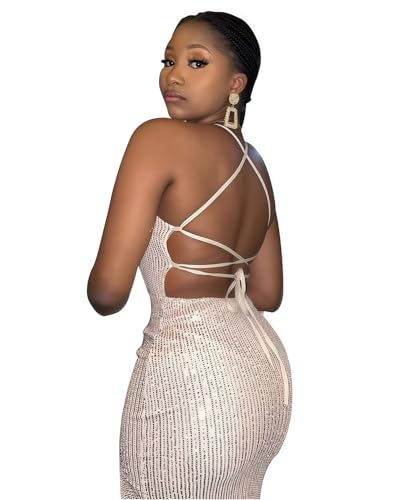 Image of BOLLEY JOSS Women's Sequins Midi Dress Sexy Back Slit Spaghetti Strap Bodycon Long Dress Summer Sparkly Party Dresses