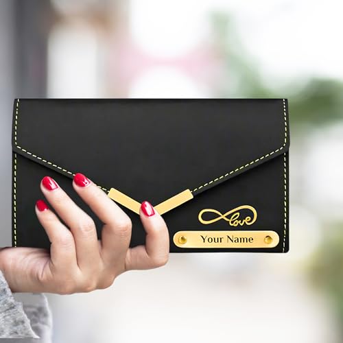 Image of Personalized Leather Clutch for Women | Custom Name & Charm | 3-Fold Ladies Wallet | Stylish Purse Gift for Girlfriend, Wife, Mother & Sister | Multi-Compartment Wallet (Black)