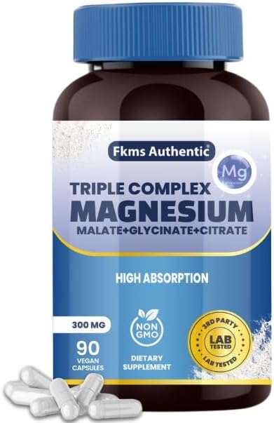 Triple Magnesium Complex Supplement 300mg | 3 in 1, Magnesium Glycinate, Malate, and Citrate | Vegan, Non-GMO | High Absorption | 90 Capsules
