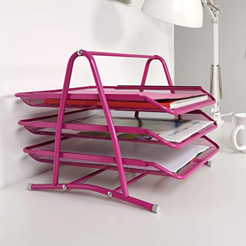 Leviatan Metall Ablage Ablagefächer | Büro Organizer Schreibtisch | Schubladen für Dokumente | 3 Schubfächer Briefablage Dokumentenablage A4 Organizer Mesh | Rosa