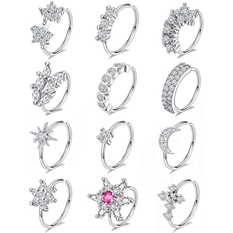 Tornito 12Pcs Nose Rings Hoop Paved Flower Moon Heart Butterfly Cross CZ Cartilage Helix Earrings Hoop Nose Piercing Jewelry for Women Men Silver Tone 20G, Cubic Zirconia Cover