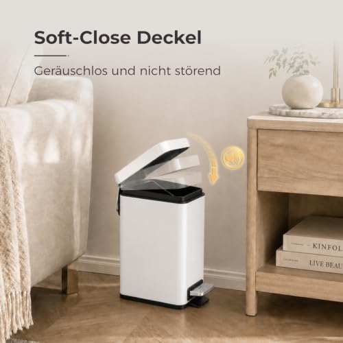 Image of Sineng Bathroom Trash Can with Lid Soft Close, 1.6 Gallon Stainless Steel Small Pedal Garbage Can with Removable Inner Bucket, Waste Bin for Kitchen Bedroom, Compact Toilet Trash Bin, White