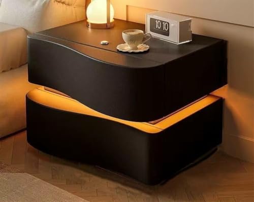 Moderna mesita de noche con luces LED, madera recubierta de cuero, 2 cajones, elegante mesita de noche para dormitorio y sala de estar (negro, 50 cm)
