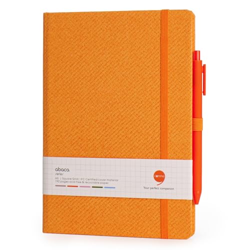 Image of COMMA Abaca - A5 Size - Checks Hard Bound Notebook with Pen & Elastic Band Closure - 192 Pages - 80gsm Natural Shade Paper - Textured Cover Material - (Orange)