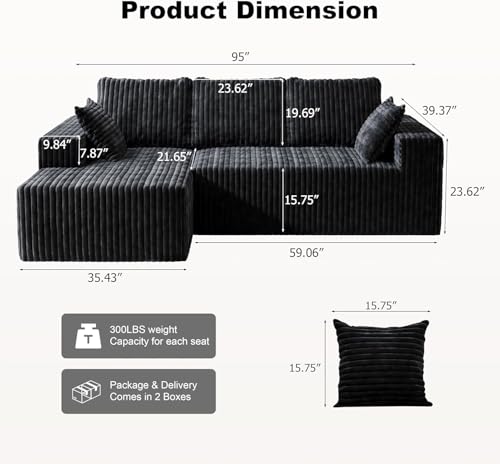 Image of 95 inch Modular Sectional Sofa - Memory Foam Sectional Couches with Deep Seat and Side Pockets,Modular Sofa Couches L-Shape Couch with Chaise, Boneless couches for living room(Black, 95 inch+Left Chaise)