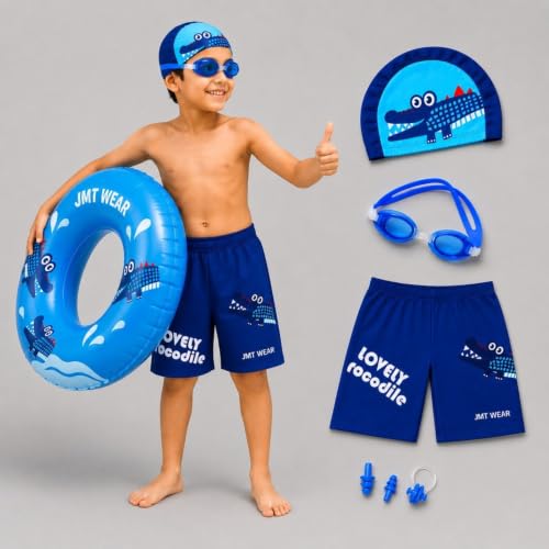 Image of Kids 6-in-1 Water Activity Kit with Trunks, Silicone Cap, Anti-Fog Goggles, Swim Tube, Nose Clip & Earplugs -Swim Set for Boys Pool, Beach
