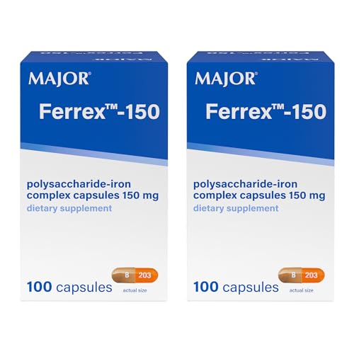 MAJOR Ferrex-150 Polysaccharide-Iron Complex Capsules 150mg Iron Supplement for Women and Men Gentle on Stomach 100 Capsules (2 Pack)