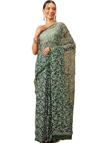 Image of Ada Hand Embroidered Lucknowi Chikankari Georgette Saree for Women with Unstitched Blouse Piece Tepchi Saree-3590