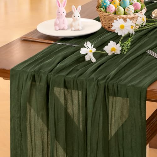 Image of Socomi Olive Green Spring Cheesecloth Table Runner Boho Rustic Gauze 120 inch 10FT Cheese Cloth Runner for Wedding Party Baby Shower Birthday Home Decor