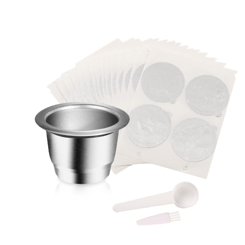 Reusable Coffee Capsule Stainless Steel Reusable Espresso Capsules Refillable Coffee Pods Cup Filter with Aluminum Foil Seal Stickers Lids Compatible for Nespresso Original Line Machines (Set No.1)