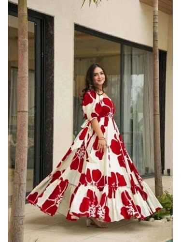 Image of Modestouze Attires Women's Floral Pattern Rayon Blend Maxi Dress with Sweetheart Neck Half Puff Sleeve Floor Length and Zipper Closure Type | Maxi Dress for Women Stylish | Dress for Women